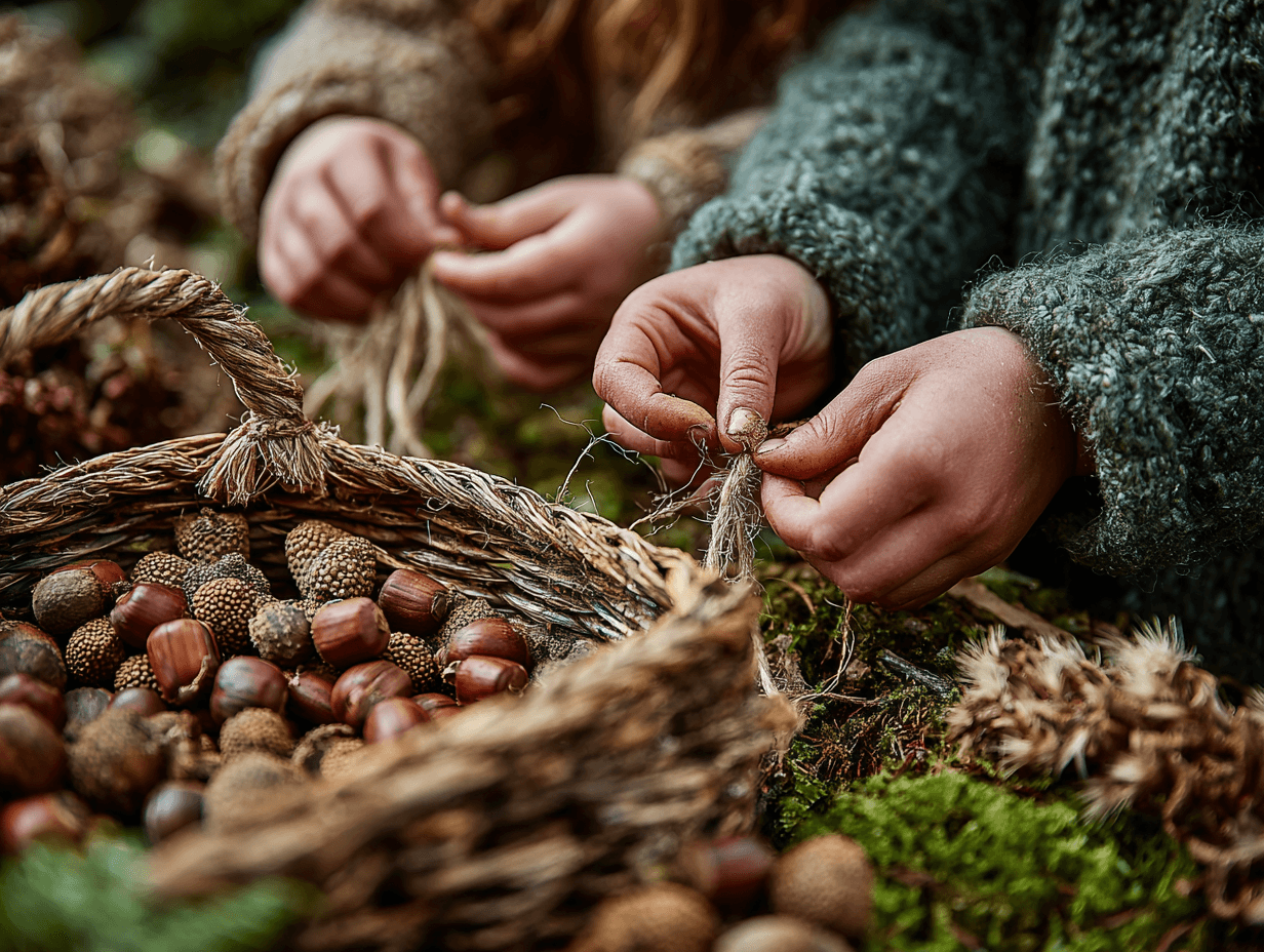 Kinderhände arbeiten mit Schnur neben einem Korb voller Eicheln und Nüsse auf moosigem Waldboden