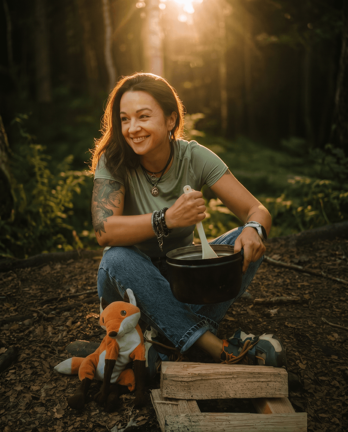 Alina kauert an einem schwarzen Kochtopf, rührt lächelnd mit einem Holzlöffel, daneben ein Fuchs-Kuscheltier und eine Holzkiste