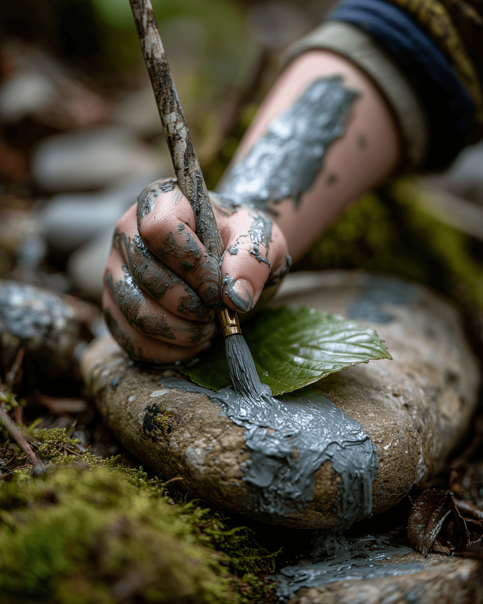 Ein Kind bemalt seinen Arm mit feuchtem Lehm, ein Blatt als Pinsel