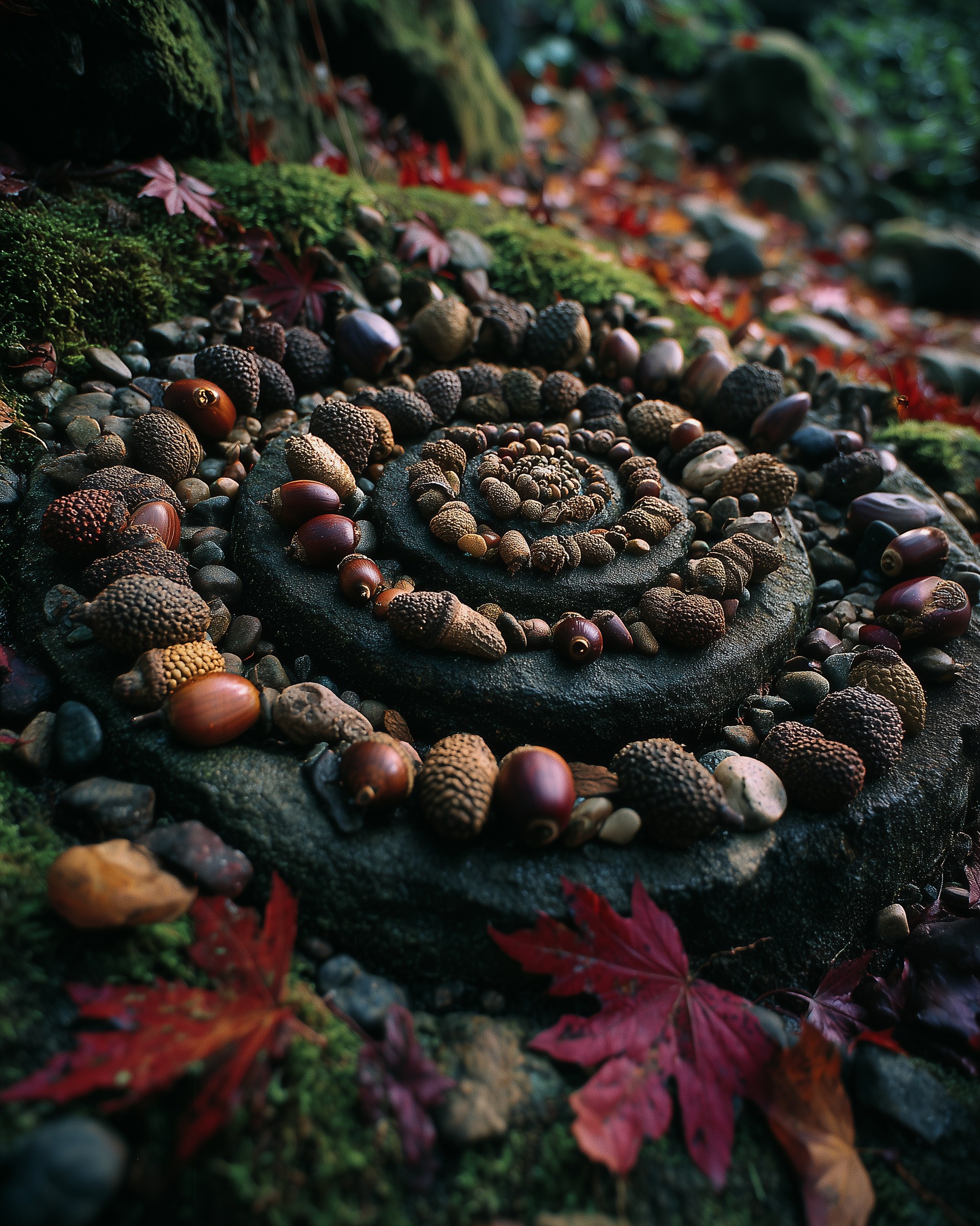 Eine Spirale aus Eicheln und Tannenzapfen auf dem Waldboden