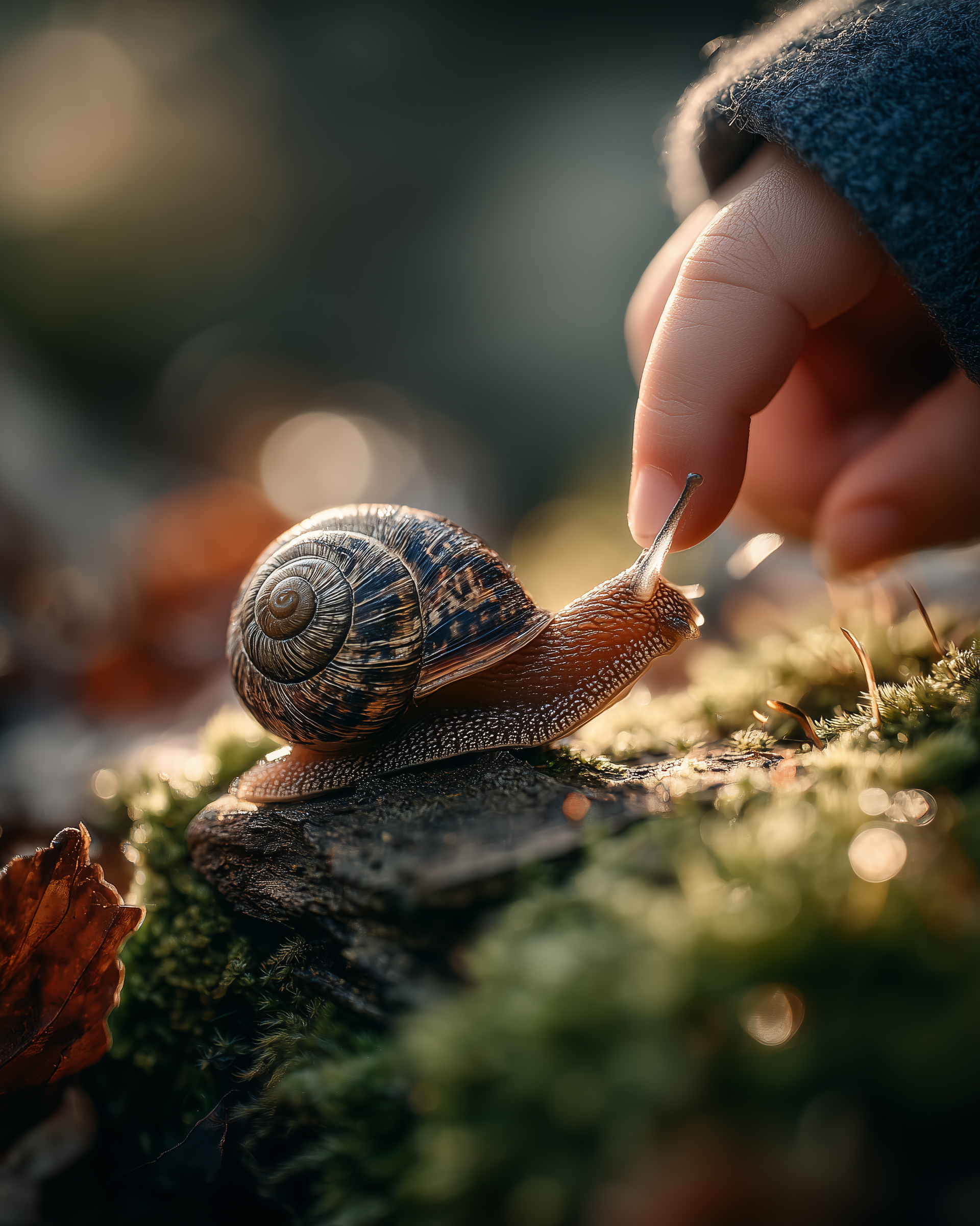 Kinderhand hält behutsam eine Schnecke am Rand eines Mooswegs