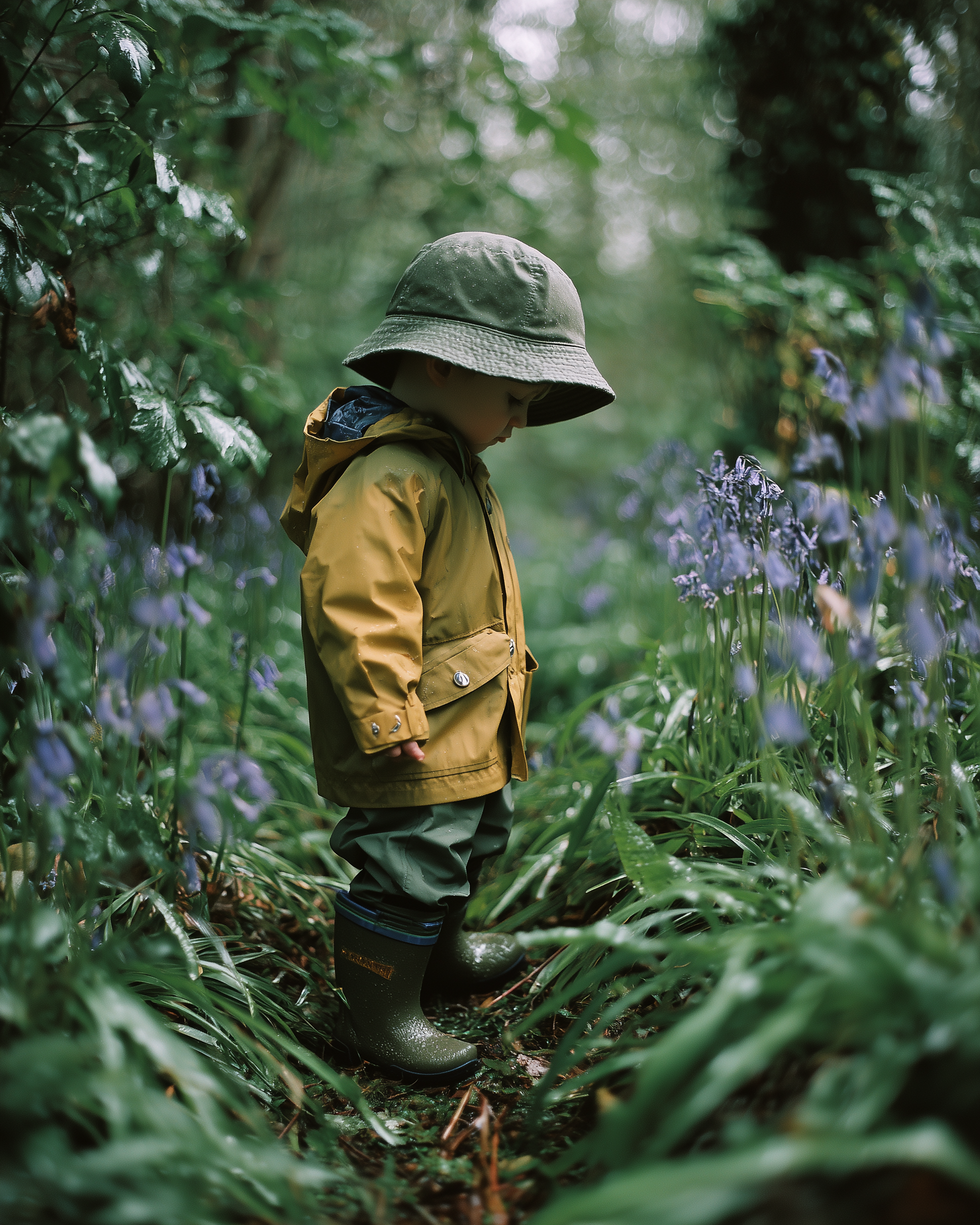 Frühlingsausstattung für den Wald — wasserdichte Regenhose, Gummistiefel und eine leichte Wollschicht