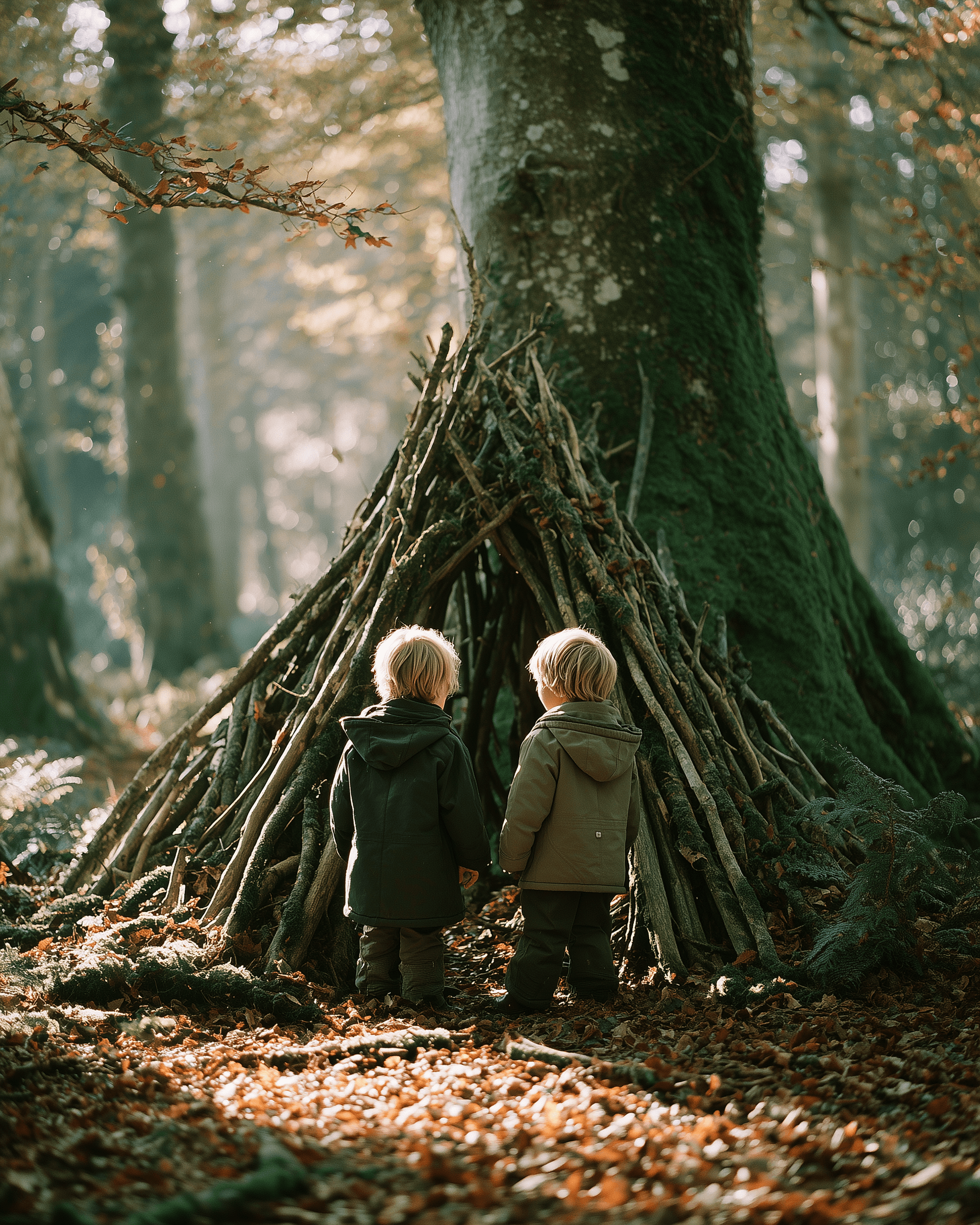 Eine Waldhütte aus gefallenen Ästen, an einen Baum gelehnt