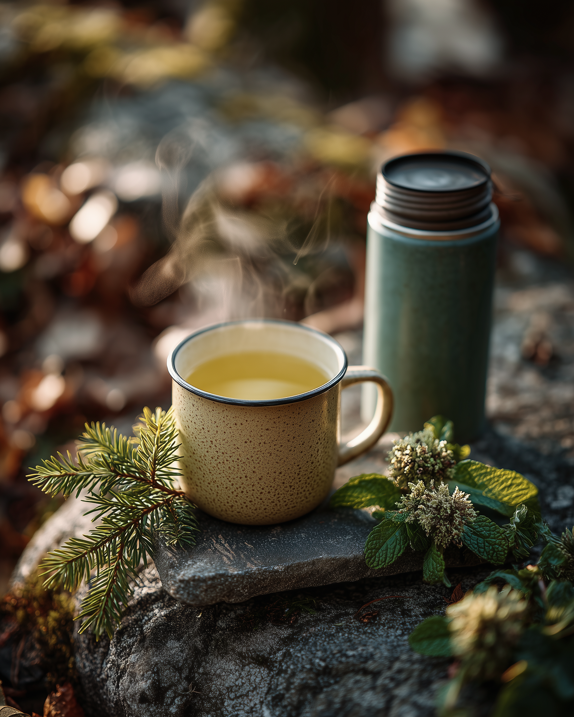 Frische Tannenspitzen in einer einfachen Tasse mit warmem Wasser