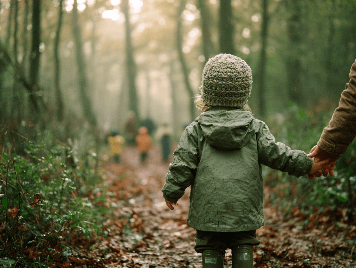 Ein Kind hält die Hand einer erwachsenen Person auf einem nebligen Waldweg, weitere Kinder gehen voraus