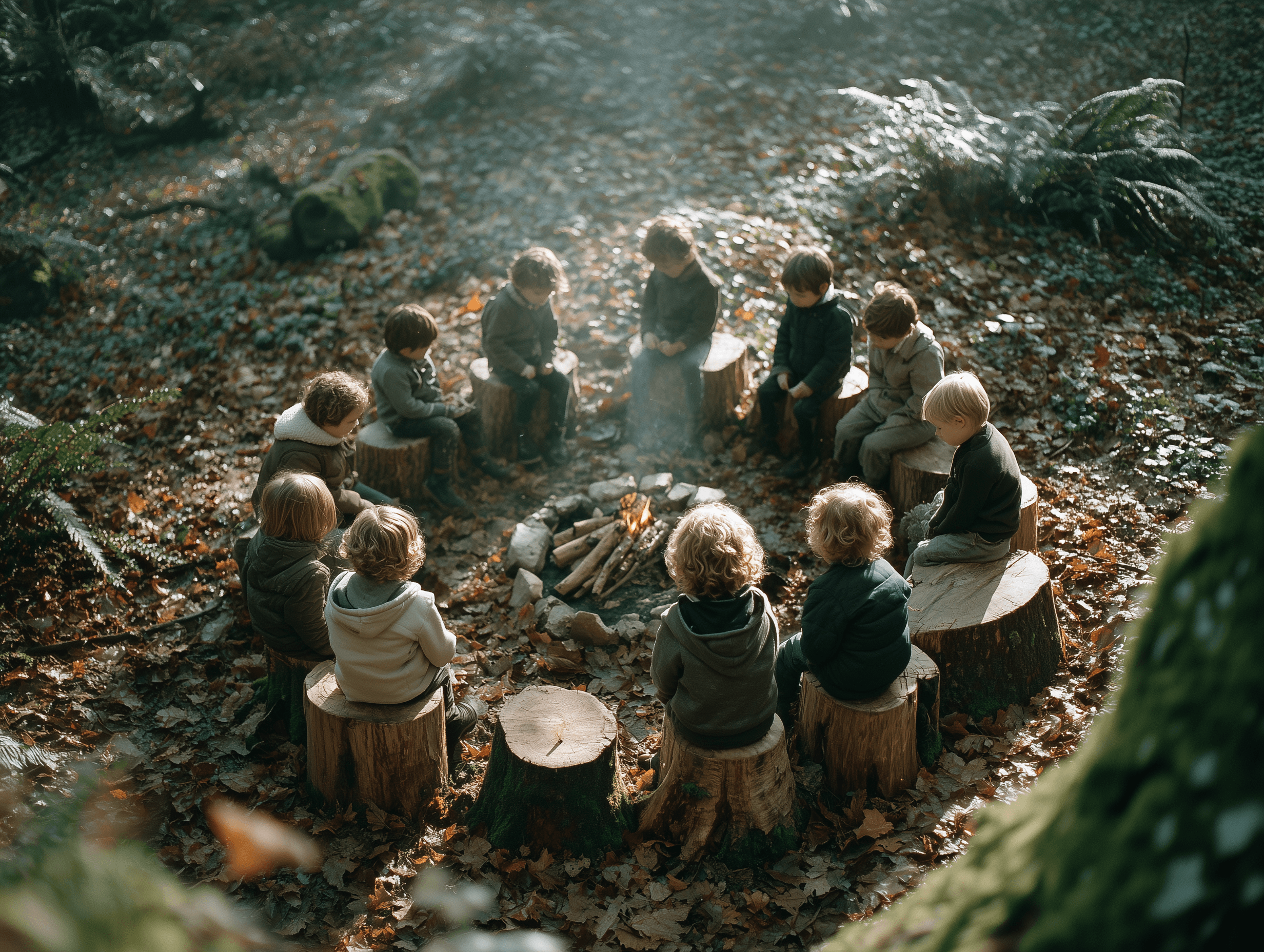 Kinder sitzen im Kreis auf Baumstümpfen um ein kleines Feuer