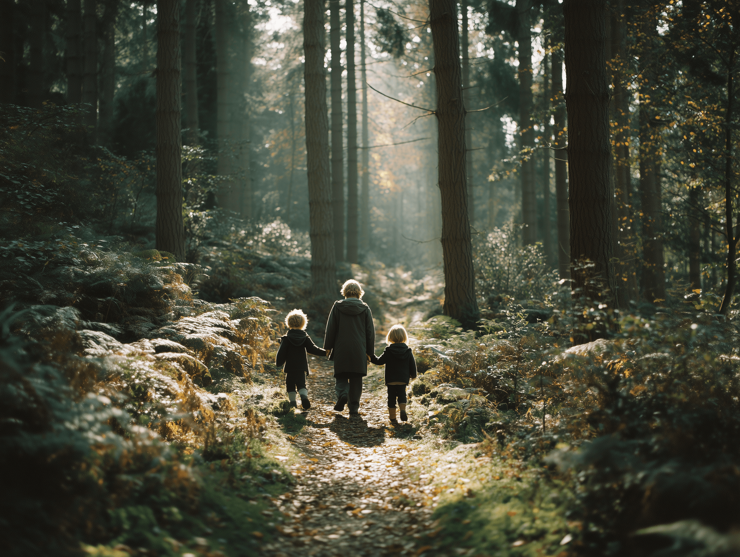 Zwei Kinder in Mänteln gehen auf ein Holztor zu, im Hintergrund Nebel