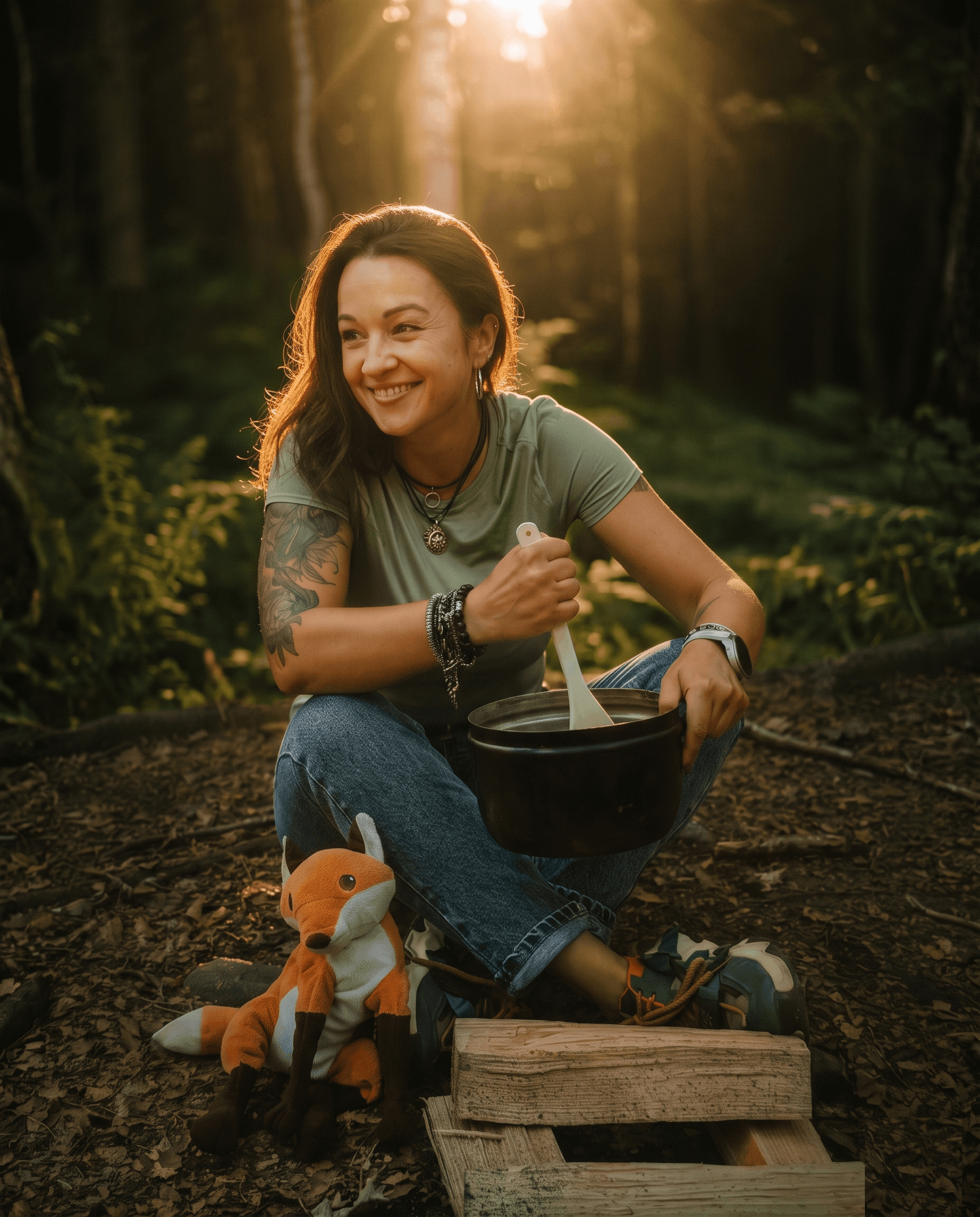 Alina kauert an einem schwarzen Kochtopf, rührt lächelnd mit einem Holzlöffel, daneben ein Fuchs-Kuscheltier und eine Holzkiste