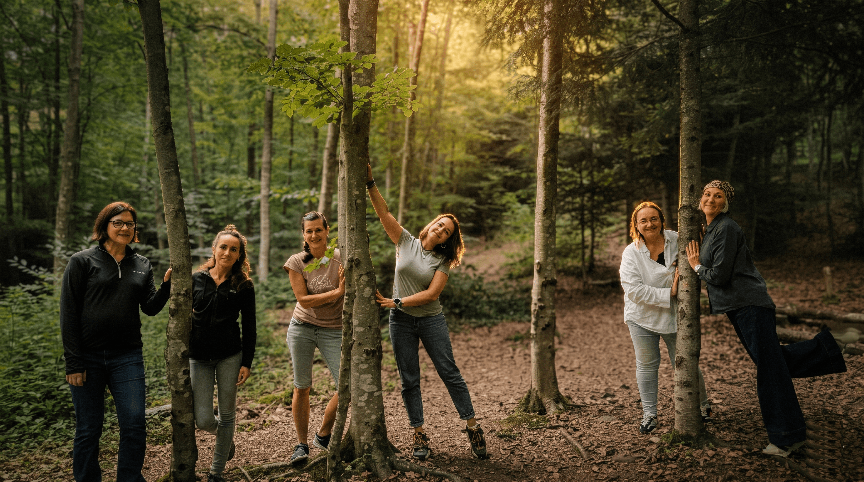 Die sechs Pädagoginnen zusammen zwischen den Bäumen im Wald, entspannt und lächelnd im sanften Abendlicht