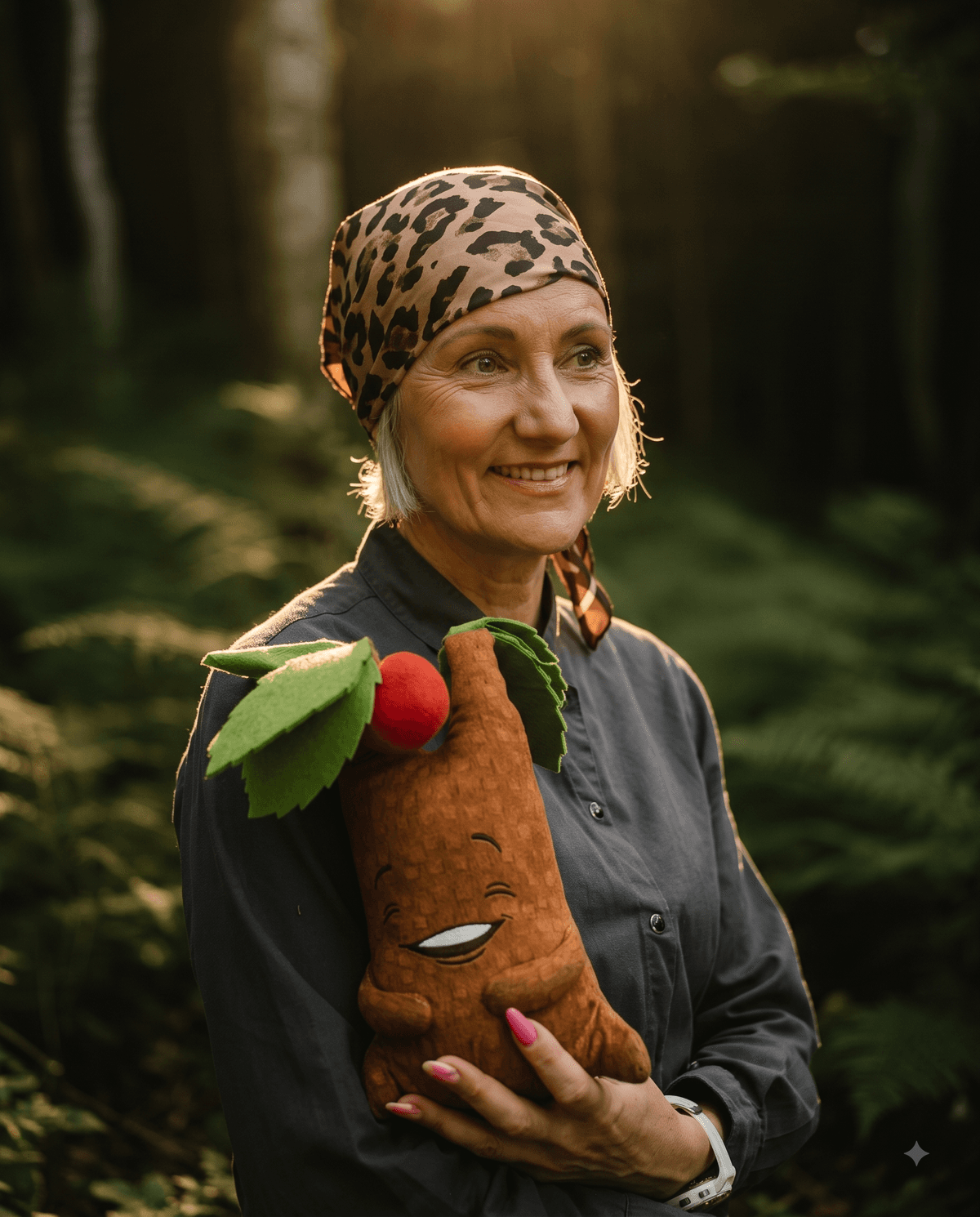 Natasha, silbergraues Haar, in einer grünen Wolljacke zwischen Farnen und grünem Wald, sanft lächelnd