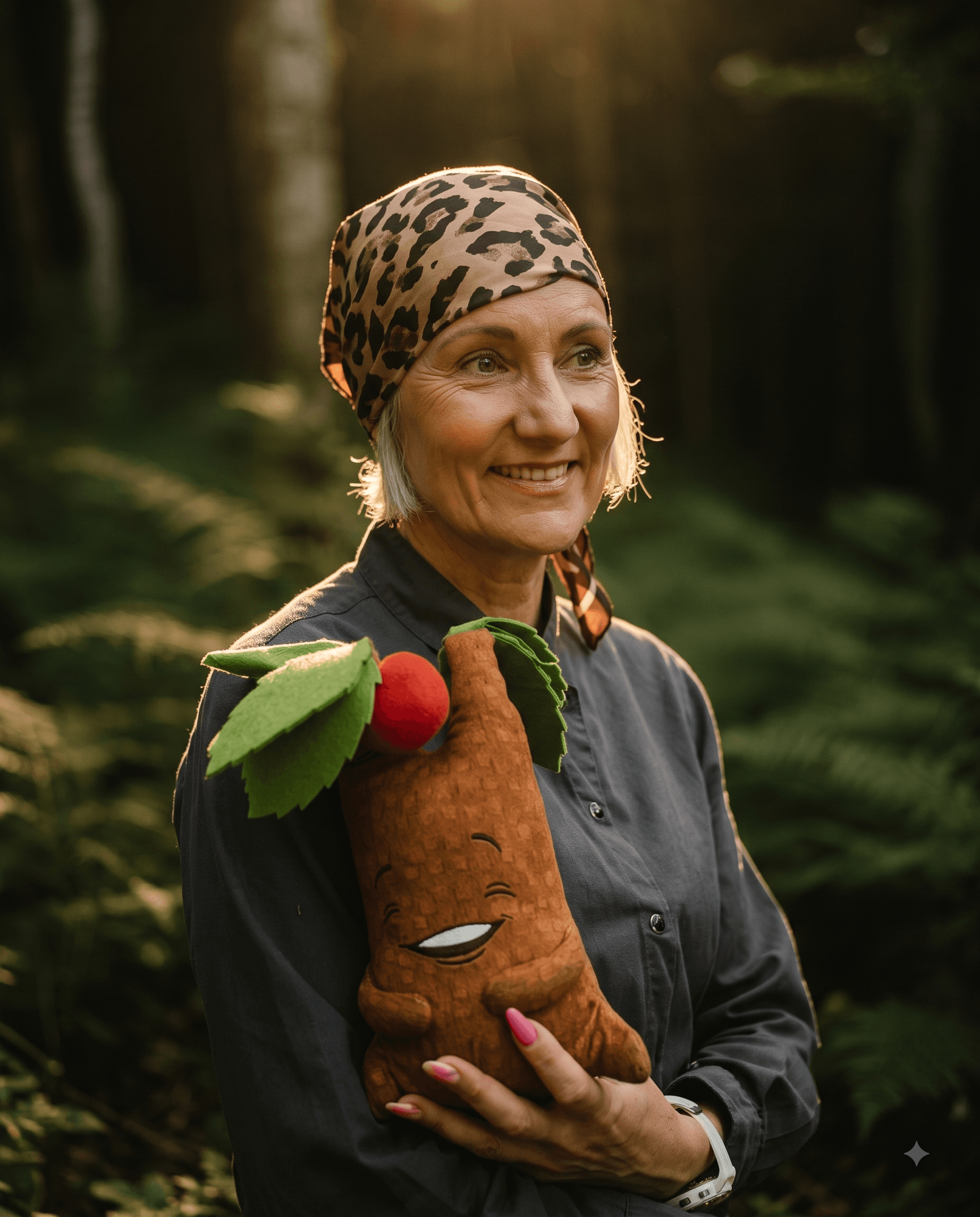 Natasha, silbergraues Haar, in einer grünen Wolljacke zwischen Farnen und grünem Wald, sanft lächelnd