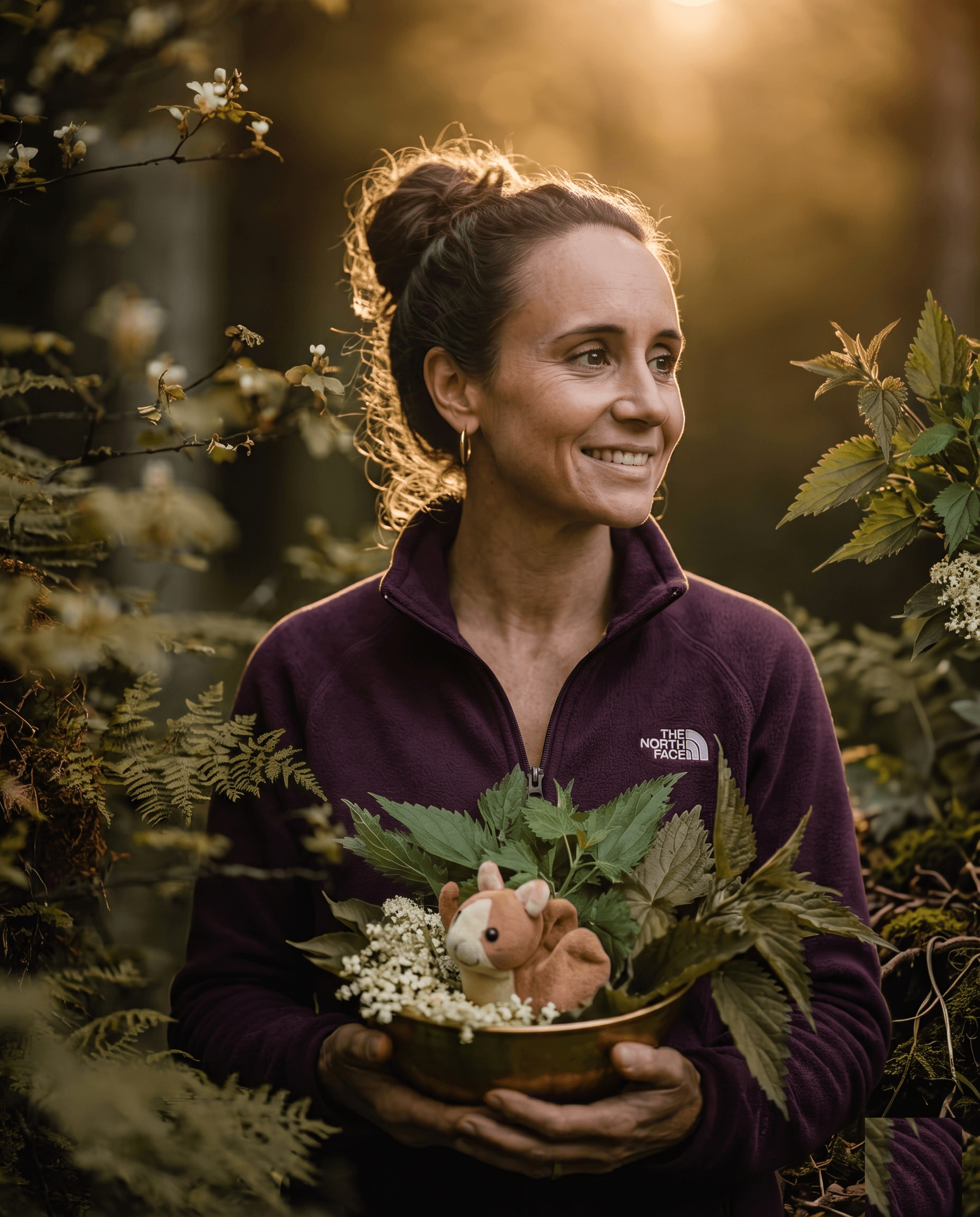 Rebecca hält eine Messingschale mit gesammelten Kräutern und Holunderblüten und einem kleinen Kuscheltier, warmes Licht im Wald