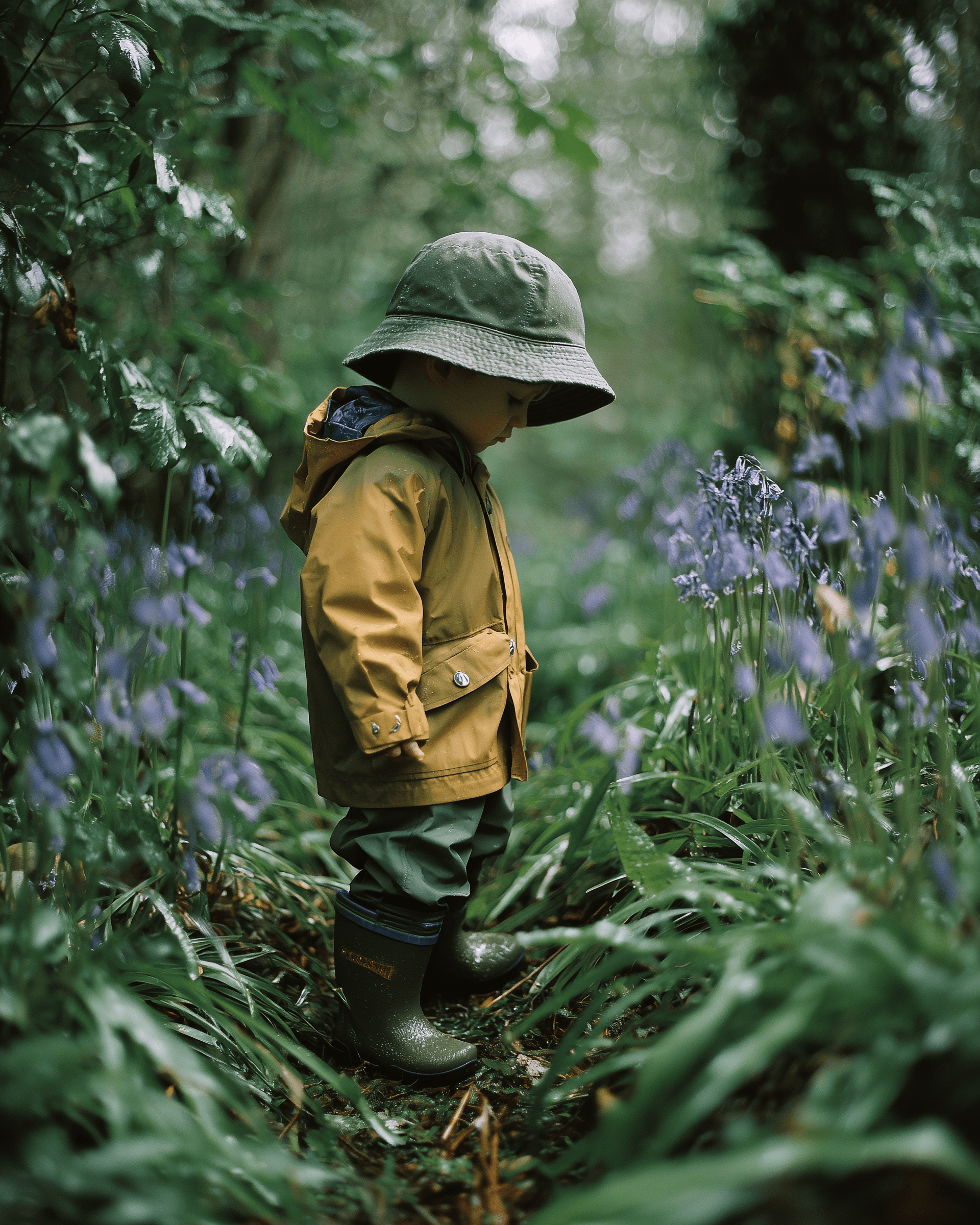 Spring outfit for the forest — waterproof rain pants, wellies and a light wool layer