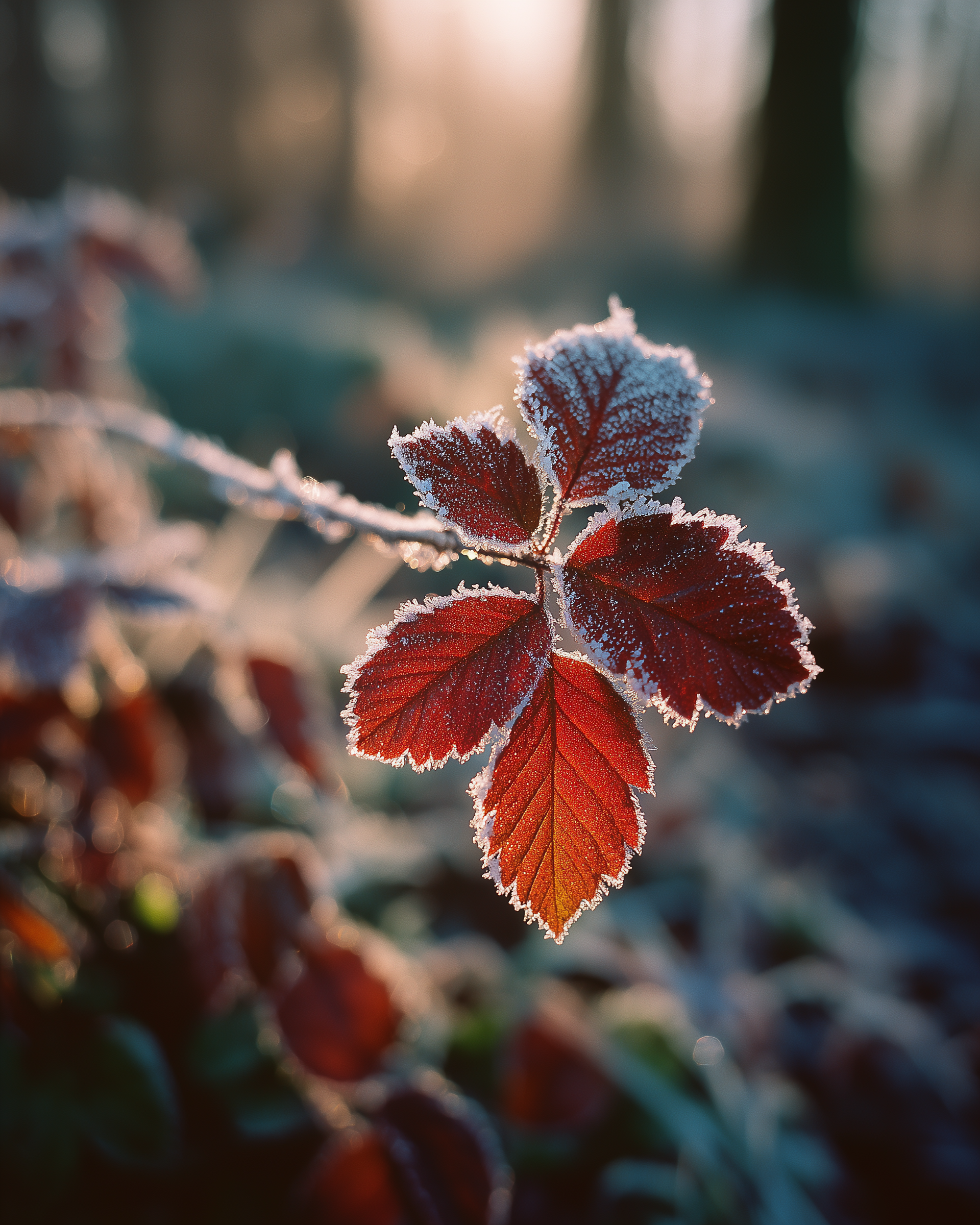 Raureif auf einem Brombeerblatt am Rand eines Waldweges, frühes Morgenlicht