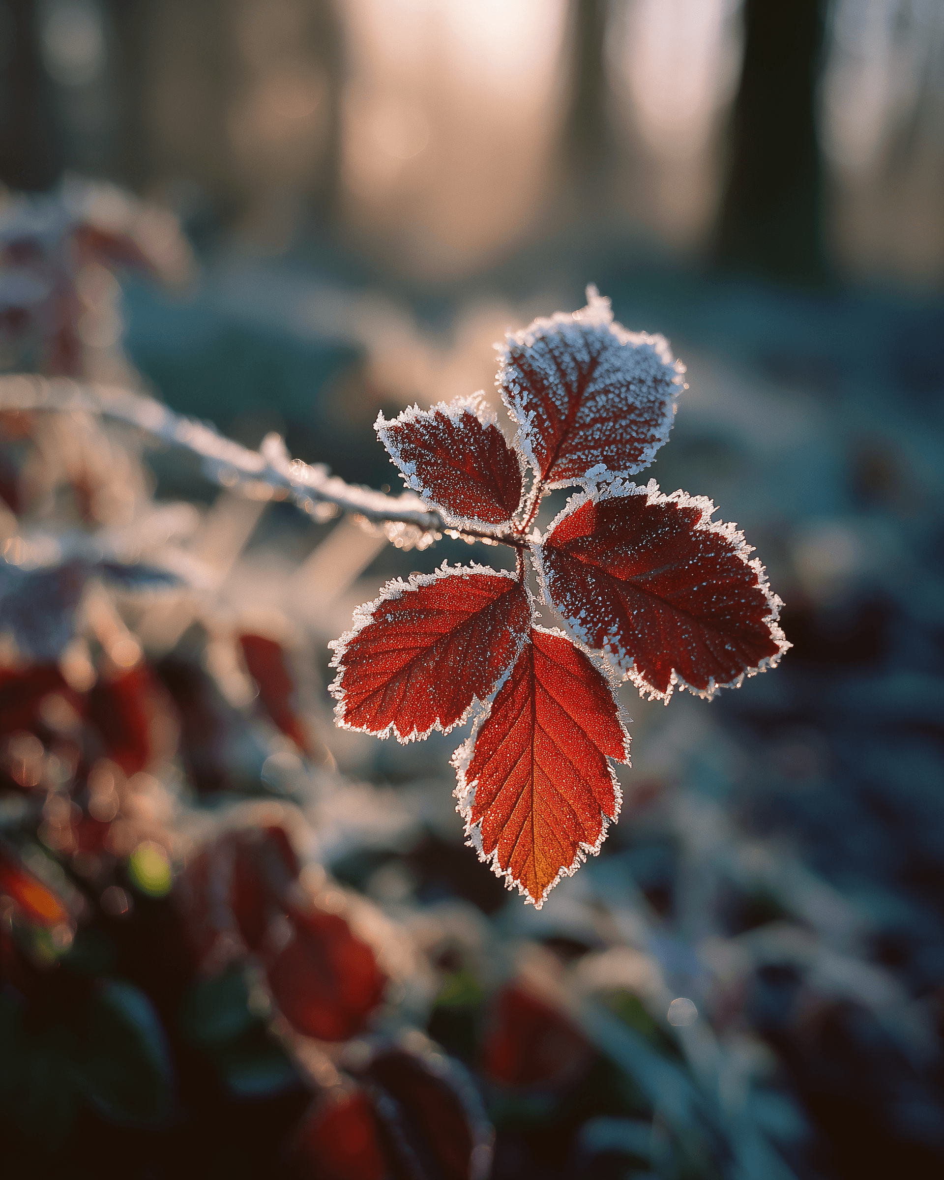 Hoar frost on a bramble leaf at the edge of a forest path, early morning light