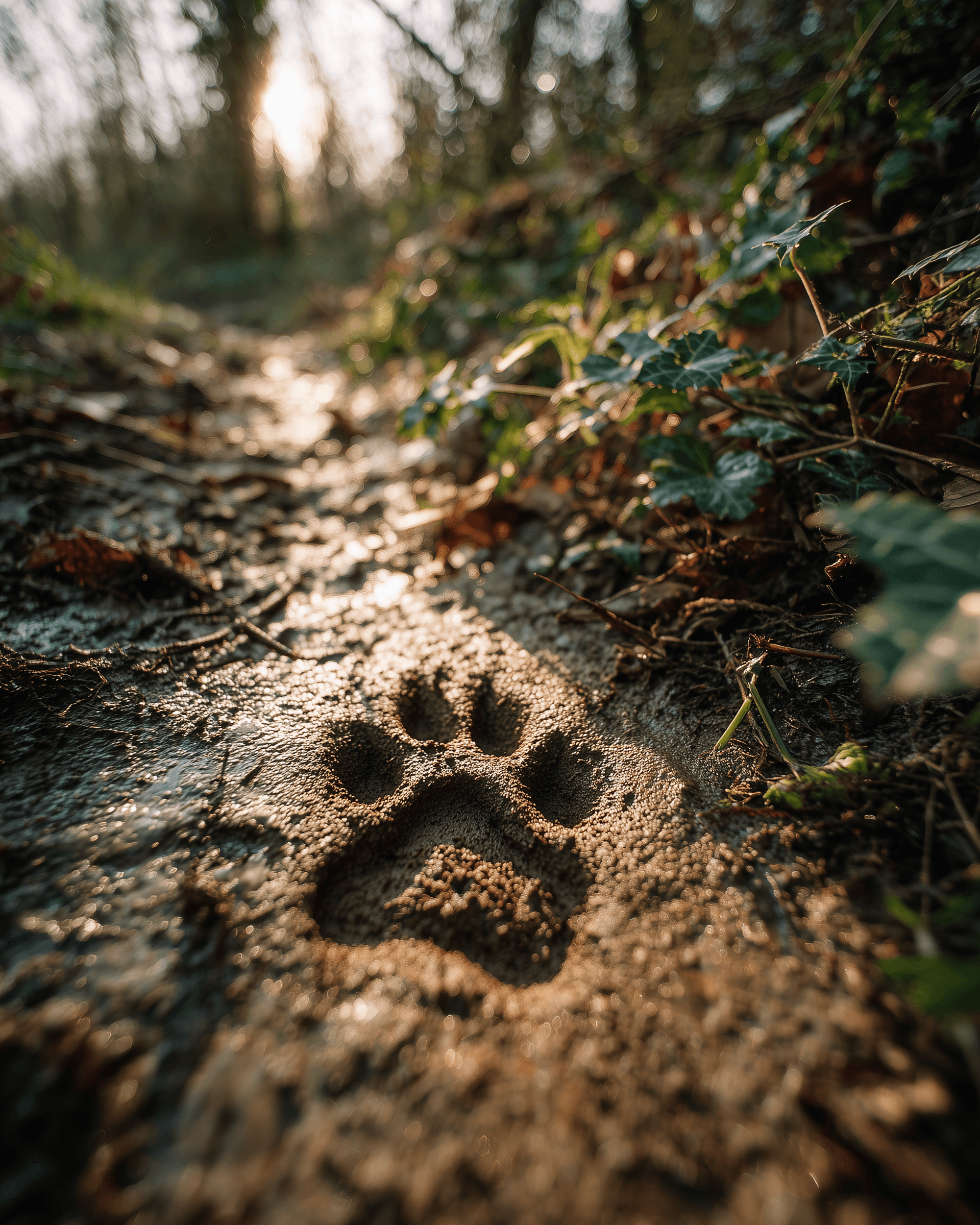 A small paw print in soft March mud at the edge of a forest path